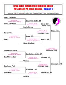 Iowa Girls’ High School Athletic Union 2014 Class 2A Team Tennis - Region 1 Saturday, May 17; Saturday, May 24; State Tuesday, May 27; State Wednesday, May 28 Sioux City West Saturday, May 17
