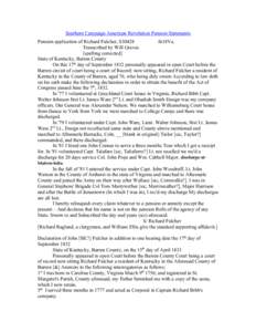 Southern Campaign American Revolution Pension Statements Pension application of Richard Fulcher, S30428 fn18Va. Transcribed by Will Graves [spelling corrected] State of Kentucky, Barren County