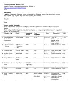 Finance Committee Minutes[removed]General Finance Committee Resources can be found at: http://usg.case.edu/committees/finance/ (6:35) Attendance: Present: VP Kennedy, Treasurer Potter, Treasurer Ward, Treasurer Mathur, Re