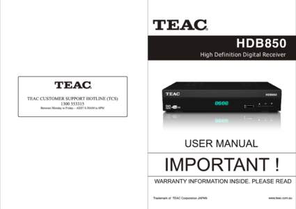 HDB850 High Definition Digital Receiver Table of contents 1. General Information -------------------------------------------------------------------------------------------------2 1.1 Important Safety Instructions ----