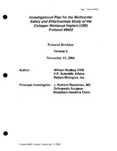 Page 1, Protocol #9602  Investigational Plan for the Multicenter Safety and Effectiveness Study of the Collagen Meniscus Implant(CMI) Protocol #9602