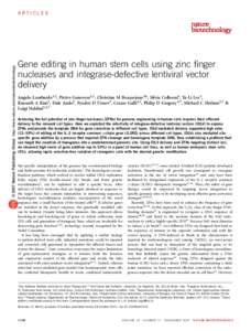 © 2007 Nature Publishing Group http://www.nature.com/naturebiotechnology  ARTICLES Gene editing in human stem cells using zinc finger nucleases and integrase-defective lentiviral vector