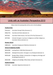 Units with an Australian Perspective 2015 Please check the prerequisites of the units in the handbook Faculty of Arts POLS3313  Australian Foreign Policy (Semester 1)