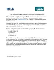 The International Impact of .BANK: 11 Percent of Global Registrants U.S.-based banks quickly leapt to acquire .BANK domain names when they became available in MayThey did so for a variety of reasons: increased sec