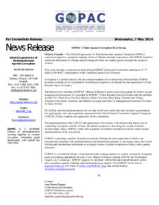 For Immediate Release  Wednesday, 7 May 2014 News Release Global Organization of