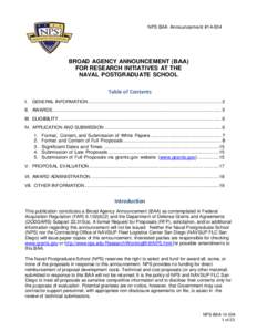 NPS BAA Announcement #[removed]BROAD AGENCY ANNOUNCEMENT (BAA) FOR RESEARCH INITIATIVES AT THE NAVAL POSTGRADUATE SCHOOL Table of Contents