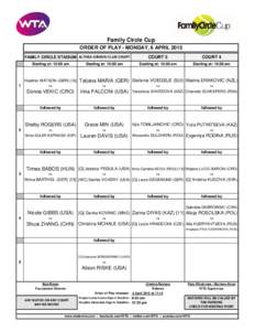 Family Circle Cup ORDER OF PLAY - MONDAY, 6 APRIL 2015 COURT 3 COURT 4