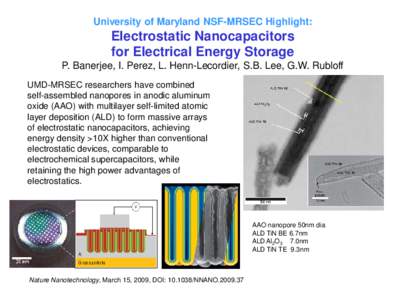 University of Maryland NSF-MRSEC Highlight:  Electrostatic Nanocapacitors for Electrical Energy Storage P. Banerjee, I. Perez, L. Henn-Lecordier, S.B. Lee, G.W. Rubloff UMD-MRSEC researchers have combined