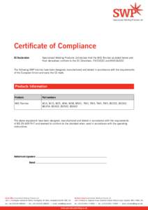 Specialised Welding Products Ltd  Certificate of Compliance EC Declaration