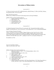 Descendants of William Jenkins  Generation No[removed]WILLIAM1 JENKINS was born 1817 in (Shelby)Kentucky, and died February 12, 1864 in Little Rock, Arkansas. He married ELIZABETH. She was born[removed]More About WILLIAM JEN