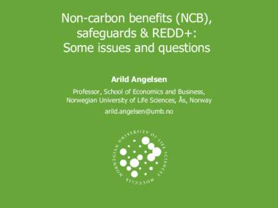 Non-carbon benefits (NCB), safeguards & REDD+: Some issues and questions Arild Angelsen Professor, School of Economics and Business, Norwegian University of Life Sciences, Ås, Norway