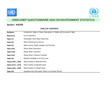 UNSD/UNEP QUESTIONNAIRE 2004 ON ENVIRONMENT STATISTICS Section: WATER TABLE OF CONTENTS Guidance  Introduction, Steps to Follow, Description of Tables and Conversion Table