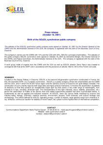 Press release (October 16, 2001) Birth of the SOLEIL synchrotron public company