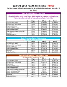 CalPERS 2014 Health Premiums - HMOs The District pays 100% of the premium for all regular active employees with 0.50 FTE and above. Basic Premium Rates - Bay Area Alameda, Amador, Contra Costa, Marin, Napa, Nevada, San F