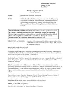 State Board of Education August 19, 2014 Item D3.b AGENCY OF EDUCATION Barre, Vermont TEAM: