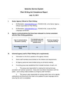 Selective Service System Plain Writing Act Compliance Report July 13, 2011 I.