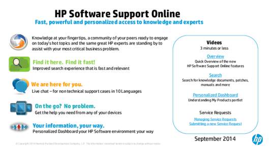 HP Software Support Online  Fast, powerful and personalized access to knowledge and experts Knowledge at your fingertips, a community of your peers ready to engage on today’s hot topics and the same great HP experts ar