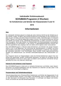 Individueller Schüleraustausch  SCHUMAN-Programm (4 Wochen) für Schülerinnen und Schüler der Klassenstufen 9 und