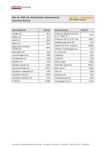 Die im DAX 30 enthaltenen Aktienwerte und ihre Kürzel Unternehmen  Kürzel