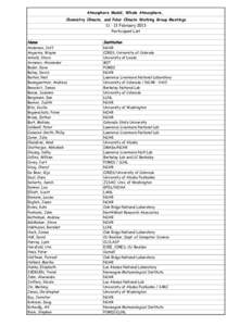 Atmosphere Model, Whole Atmosphere, Chemistry Climate, and Polar Climate Working Group Meetings[removed]February 2013 Participant List Name