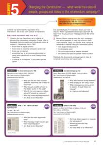 5  Changing the Constitution — what were the roles of people, groups and ideas in the referendum campaign? This activity helps students explore the material in the Campaigning for a YES vote section of the website