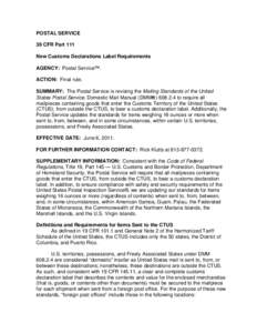 POSTAL SERVICE 39 CFR Part 111 New Customs Declarations Label Requirements