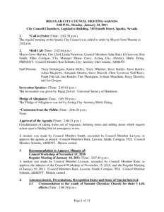 REGULAR CITY COUNCIL MEETING AGENDA 2:00 P.M., Monday, January 24, 2011 City Council Chambers, Legislative Building, 745 Fourth Street, Sparks, Nevada 1. *Call to Order (Time: 2:02:38 p.m.) The regular meeting of the Spa