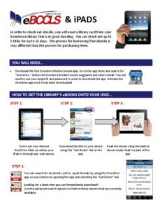 & iPADS In order to check out ebooks, you will need a library card from your hometown library that is in good standing. You can check out up to 5 titles for up to 14 days. The process for borrowing free ebooks is very di