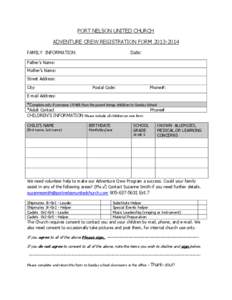 PORT NELSON UNITED CHURCH ADVENTURE CREW REGISTRATION FORM[removed]FAMILY INFORMATION Date: