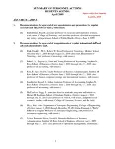 SUMMARY OF PERSONNEL ACTIONS REGENTS AGENDA April 2009 ANN ARBOR CAMPUS 1.