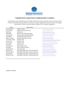 Nisqually Reach Aquatic Reserve Implementation Committee The following is a list of Implementation Committee members and is kept up-to-date as much as possible. Primary contacts are identified when possible with an aster