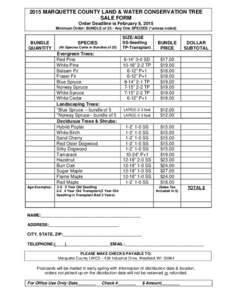 2015 MARQUETTE COUNTY LAND & WATER CONSERVATION TREE SALE FORM Order Deadline is February 6, 2015 Minimum Order: BUNDLE of 25 / Any One SPECIES (*unless noted)  SIZE/AGE