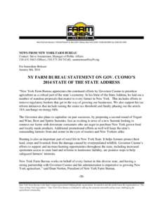NEWS FROM NEW YORK FARM BUREAU Contact: Steve Ammerman, Manager of Public AffairsOffice), Cell),  For Immediate Release: January 8th, 2014