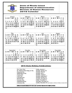 State of Rhode Island Department of Administration Division of Human Resources 2016 Calendar  January