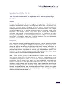 OxfordResearchGroup | Special Briefing | May[removed]Special Global Security Briefing – May 2014 The Internationalisation of Nigeria’s Boko Haram Campaign Richard Reeve
