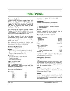 Thicket Portage Information from Statistics Canada after[removed]Community Status Thicket Portage is located on the Hudson Bay Railway line, now operated by Omni Trax, between Landing Lake to the south and Wintering