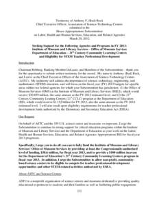 Testimony of Anthony F. (Bud) Rock Chief Executive Officer, Association of Science-Technology Centers submitted to the House Appropriations Subcommittee on Labor, Health and Human Services, Education, and Related Agencie