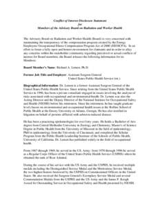 Conflict of Interest Disclosure Statement for Members of the Advisory Board on Radiation and Worker Health The Advisory Board on Radiation and Worker Health (Board) is very concerned with maintaining the transparency of 