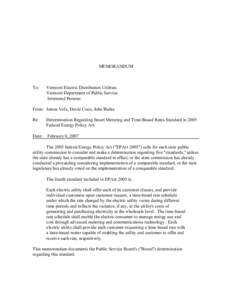 MEMORANDUM  To: Vermont Electric Distribution Utilities Vermont Department of Public Service