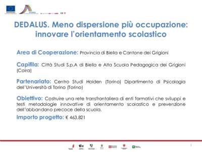 DEDALUS. Meno dispersione più occupazione: innovare l’orientamento scolastico Area di Cooperazione: Provincia di Biella e Cantone dei Grigioni Capifila: