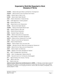 Expected to Work/Not Expected to Work Glossary of Terms AAAND — Alberta Aboriginal Affairs and Northern Development AADAC — Alberta Alcohol and Drug Abuse Commission AADL — Alberta Aids to Daily Living AAHB — Alb