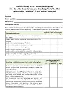 School Building Leader Advanced Certificate Nine Essential Characteristics and Knowledge/Skills Checklist (Prepared by Candidate’s School Building Principal) Candidate: _________________________________________________