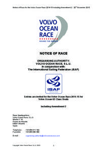 th  Notice of Race for the Volvo Ocean Race[removed]including Amendment[removed]December 2013
