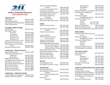 Guide to Community Resources Shenandoah County AIDS/HIV/STD AIDS Hotline AIDS Response Effort Shenandoah County Health Dept.