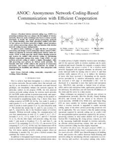 1  ANOC: Anonymous Network-Coding-Based Communication with Efficient Cooperation Peng Zhang, Yixin Jiang, Chuang Lin, Patrick P.C. Lee, and John C.S. Lui