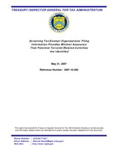 Income tax in the United States / Nonprofit organization / Government / Charitable organization / Tax exemption / Internal Revenue Service / Terrorist Screening Center / Law / Combined Federal Campaign / Taxation in the United States / Structure / 501(c) organization