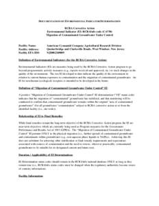 Documentation of Environmental Indicator Determination - Wyeth Holdings Corporation (former American Cyanamid Co), New Jersey