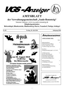 VGS-Anzeiger AMTSBLATT der Verwaltungsgemeinschaft „Saale-Rennsteig“ Internet Adresse: www.vg-saale-rennsteig.de Mitgliedsgemeinden: