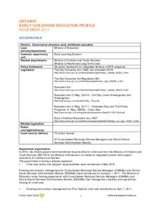 ONTARIO EARLY CHILDHOOD EDUCATION PROFILE NOVEMBER 2011 GOVERNANCE Ontario: Governance structure early childhood education Lead