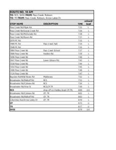 ROUTE NO. 10 AM TO: RCS, SHSS FROM: Pass Creek, Robson TO: TR FROM: Pass Creek, Robson, Arrow Lakes Dr STOP NAME  DESCRIPTION